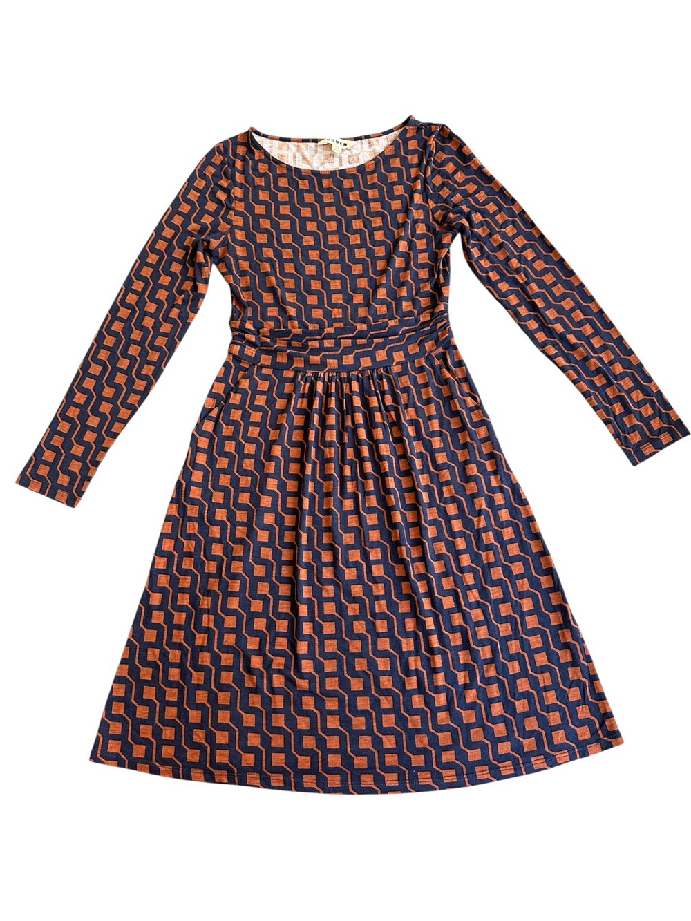 Boden Abigail Jersey Dress Navy Cognac Geometric Cube Print US 4R